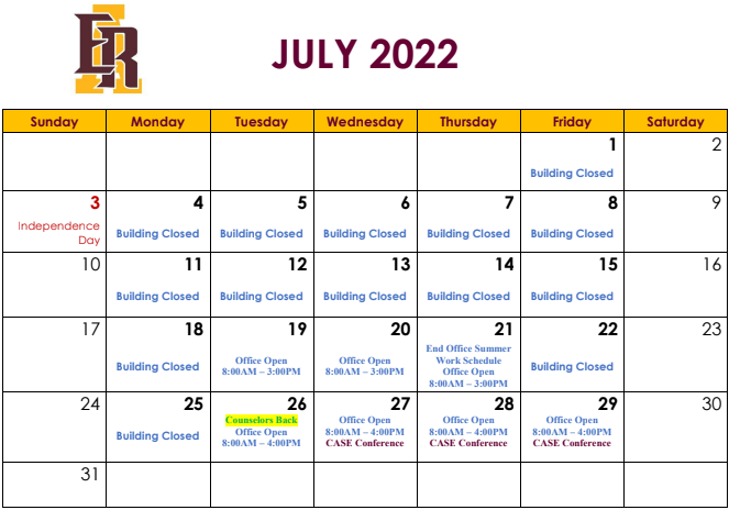 July Summer Calendar